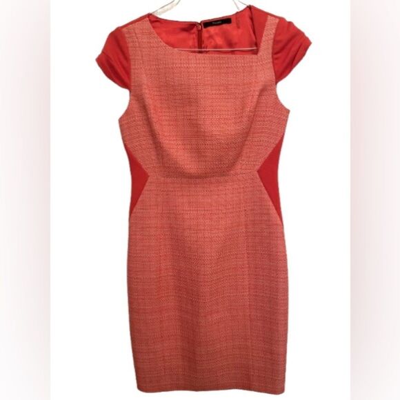 Coral Sheath Mini Dress with Puff Cap Sleeves and Cowl Neck - Picture 1 of 6